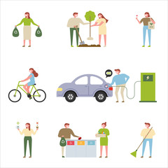 Environmental protection characters for environment friendly energy. flat design style minimal vector illustration