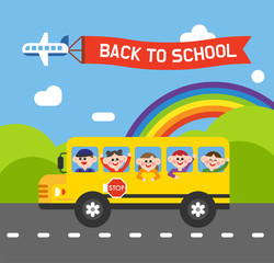 Children go to school on a yellow school bus. back to school. yellow school bus and children. flat design style minimal vector illustration