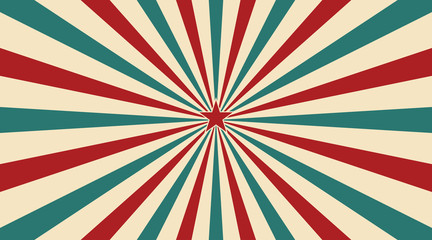 Fototapeta premium Abstract vintage sunlight of red yellow blue and green flowers background with a star in the center. Carnival circus style for circling animation. Star burst sun beam vector illustration