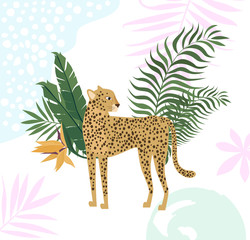 Poster with tropical leaves and leopards. Editable vector illustration