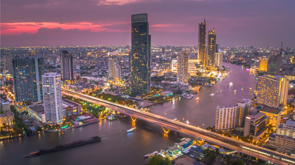 Fototapeta na wymiar BANGKOK THAILAND - April 7 : aerial view of Taksin Bridge and Sathorn road in heart of Bangkok capital on April 7 , 2019 in Bangkok. Thailand