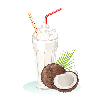 Coconut milkshake isolated on white background. Refreshing healthy drink in glass with straw. Vector illustration of beverage in cartoon simple flat style.
