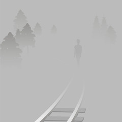 the girl is on the rails of the railway. a woman in a misty landscape