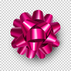Beautiful pink ribbon bow with shadow isolated on transparent background. Realistic decoration for holidays presents and cards. Bright decorate object from satin tape vector illustration.