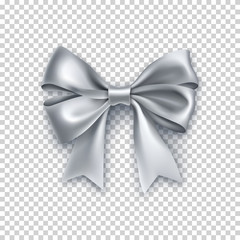 Beautiful silver ribbon bow with shadow isolated on transparent background. Realistic decoration for holidays gifts. Beautiful decor object vector illustration. Wedding or valentine s day decoration.