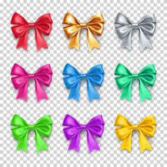 Shiny decorative gift bows from satin tape with shadow isolated on transparent background. Bright spiral bows collection. Realistic decoration for holidays presents. Different 3d objects from silk.