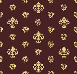 Seamless pattern. Modern geometric ornament with golden royal lilies. Classic vintage background