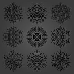 Set of dark snowflakes. Fine winter ornaments. Snowflakes collection. Snowflakes for backgrounds and designs