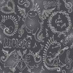 Vector seamless pattern of funny cartoon dragons playing music and singing a song. Chalk on the blackboard. White doodle drawing on a dark background. Wallpaper, web page, wrapping paper, textil print