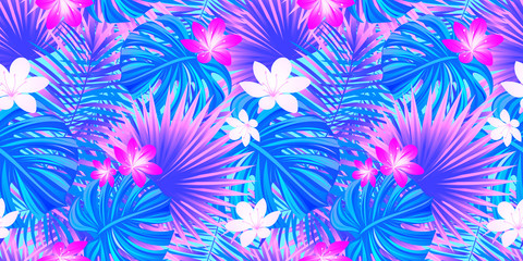 tropical floral seamless pattern. rainforest in a bright colors. Magical tropic vector illustration. jungle background. beautiful flowers landscape. Spring, summer vacation, travel design.