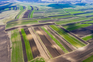 Aerial drone view of agricultural fields of plowed crops