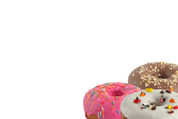 Different bright tasty donuts on a white background. Place under the text. Diversity.