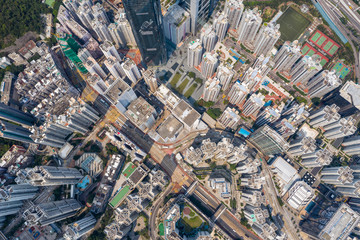 Drone fly over Hong Kong downtown city