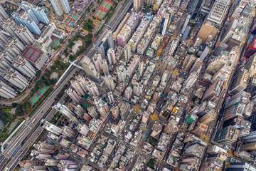 Drone fly over Hong Kong city