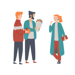 Men congratulate a woman on the holiday and give flowers.