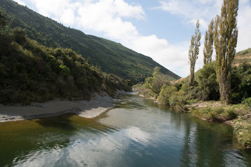 Fototapeta na wymiar Tree lined river in the mountains