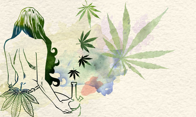 Naked lady with cannabis leafs and bong. Watercolor paper background	