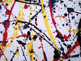 Splash oil painting  blue red yellow colors on white canvas background and textured.Abstract background.Modern arts