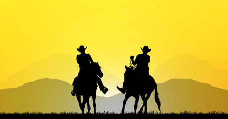 Fototapeta na wymiar silhouette cowboy and horse on blurry colorful sunset sky.