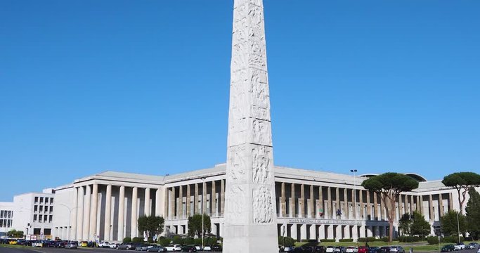Rome, panoramic 4k real time video EUR Obelisk in Marconi Square