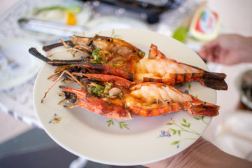 Grilled shrimps with seafood spicy sauce.