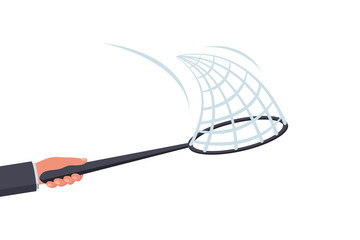 Hand with a net. Vector illustration flat design. Isolated on white background. Net for catching butterflies with handle.