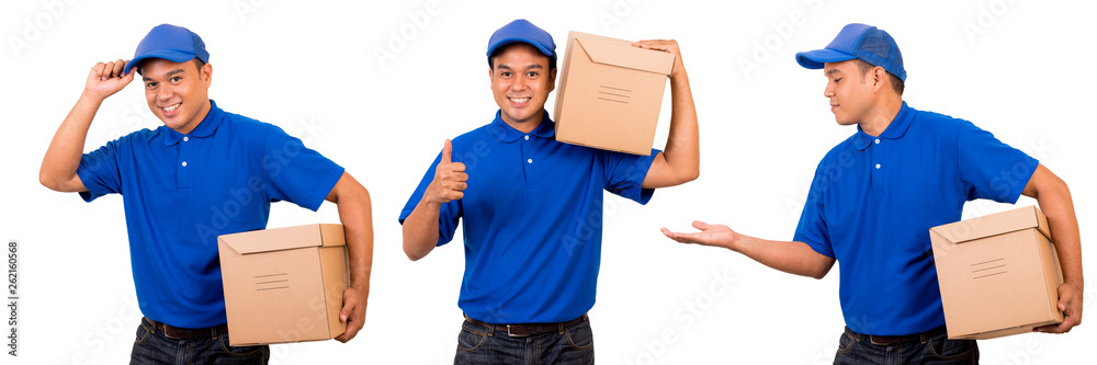 Wall mural Young asian delivery man in blue uniform with parcel cardboard box on isolated