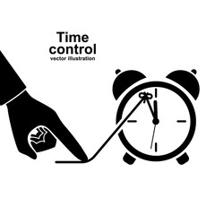 Time control icon pictogram. Deadline concept. Stop clock. Vector illustration flat design. Isolated white background.  Black silhouette hand finger holds arrow clock. Pull rope back. Slow down time. 