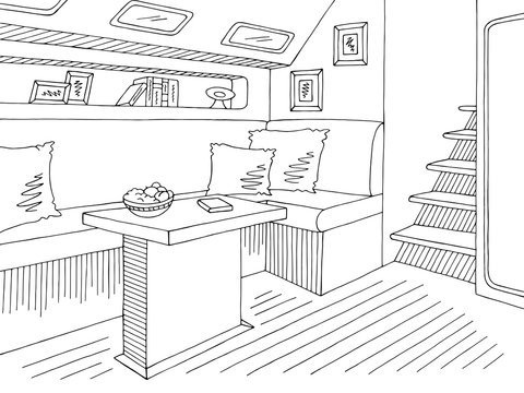 Yacht interior graphic black white sketch illustration vector