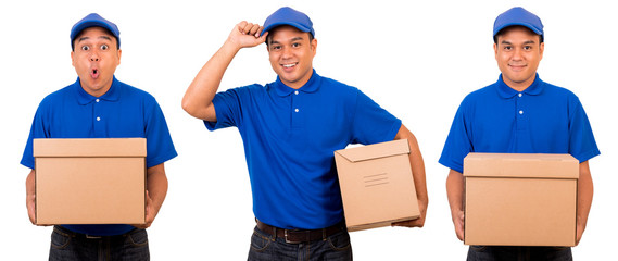 Young asian delivery man in blue uniform with parcel cardboard box on isolated