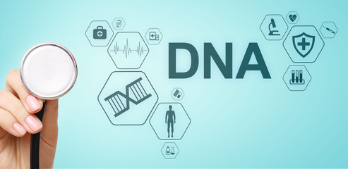DNA deoxyribonucleic acid. Medical Healthcare Science concept on screen.
