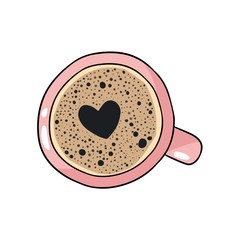 Cup of coffee with heart foam shape. Hand drawn cartoon style coffee beverage drink