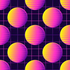 Neon retrowave 80s style seamless pattern with spheres, sun symbols. Futuristic digital vector wallpaper. Vaporwave, cyberpunk aesthetics. Laser grid background.