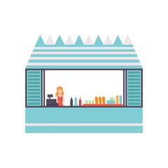 Obraz premium Street Food Stall with Fast Food and Female Seller, Retail Street Selling Kiosk Vector Illustration