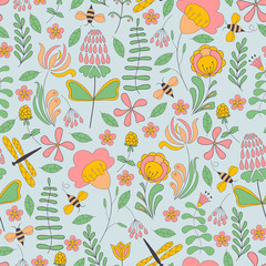 Seamless abstract hand-drawn floral pattern. Botanical vector background. Summer illustration
