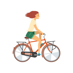 Young Woman Riding Bike, Female Cyclist Character on Bicycle Vector Illustration