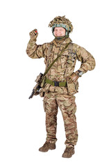 British soldier drawing against white background