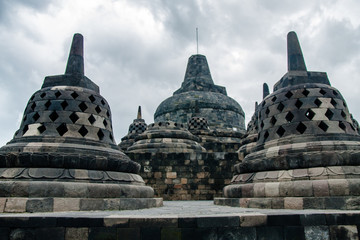 The perforated stupas on the top of the Borobudur Temple, Yogyakarta, Indonesia