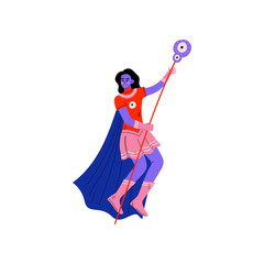 Young Woman with Blue Skin in Superhero Costume, Super Girl Character Flying with Staff Vector Illustration