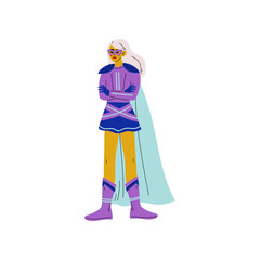 Blonde Young Woman in Bright Superhero Costume, Super Girl Character Standing with Folded Hands Vector Illustration