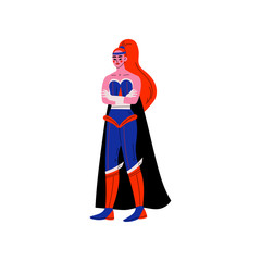 Longhaired Young Woman in Bright Superhero Costume, Beautiful Super Girl Character Standing with Folded Hands Vector Illustration