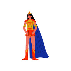 Brunette Young Woman in Superhero Costume, Beautiful Super Girl Character Vector Illustration