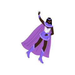 Beautiful African American Woman in Purple Superhero Costume, Super Girl Character Vector Illustration