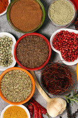Spices and herbs on table. Food and cuisine ingredients.