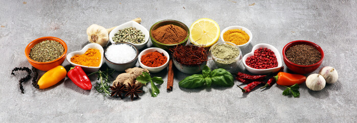 Spices and herbs on table. Food and cuisine ingredients.