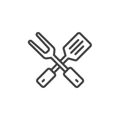 Crossed BBQ fork and spatula line icon. linear style sign for mobile concept and web design. Barbecue cutlery outline vector icon. Symbol, logo illustration. Pixel perfect vector graphics