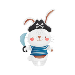 Fototapeta na wymiar The hare is a pirate character in a cartoon style, in a blue white vest, black pirate hat with a saber in his hand.