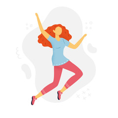 Fototapeta na wymiar Cute Woman jumping or dancing. Cartoon style girl in flat design. Vector illustration. Can be used for invitations, banner, postcard, websites or ads.