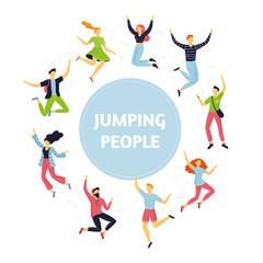 Set of happy jumping people in different poses. Collection of cartoon women and men in flat design. Funny characters can be used for partnership, teamwork or celebration concepts. Vector illustration.