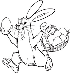Easter bunny rabbit holding Easter basket full of decorated Easter eggs